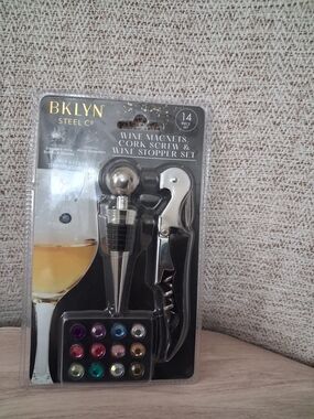BKLYN Steel Wine Accessory Set with Silver Corkscrew & Multicolor Magnets